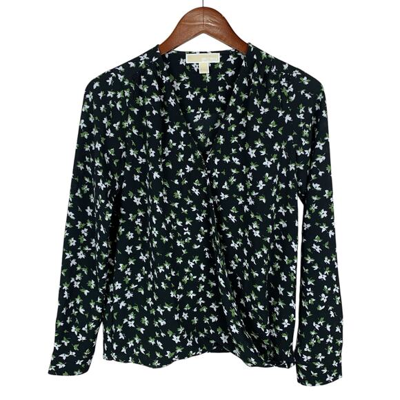 Michael Michael Kors Blouse Faux Wrap Top Black Floral Long Sleeve Women's XXS - Picture 3 of 10